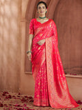 Beautiful Coral Red Zari Weaving Banarasi Silk Traditional Saree - Zeel Clothing