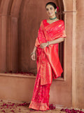 Beautiful Coral Red Zari Weaving Banarasi Silk Traditional Saree - Zeel Clothing