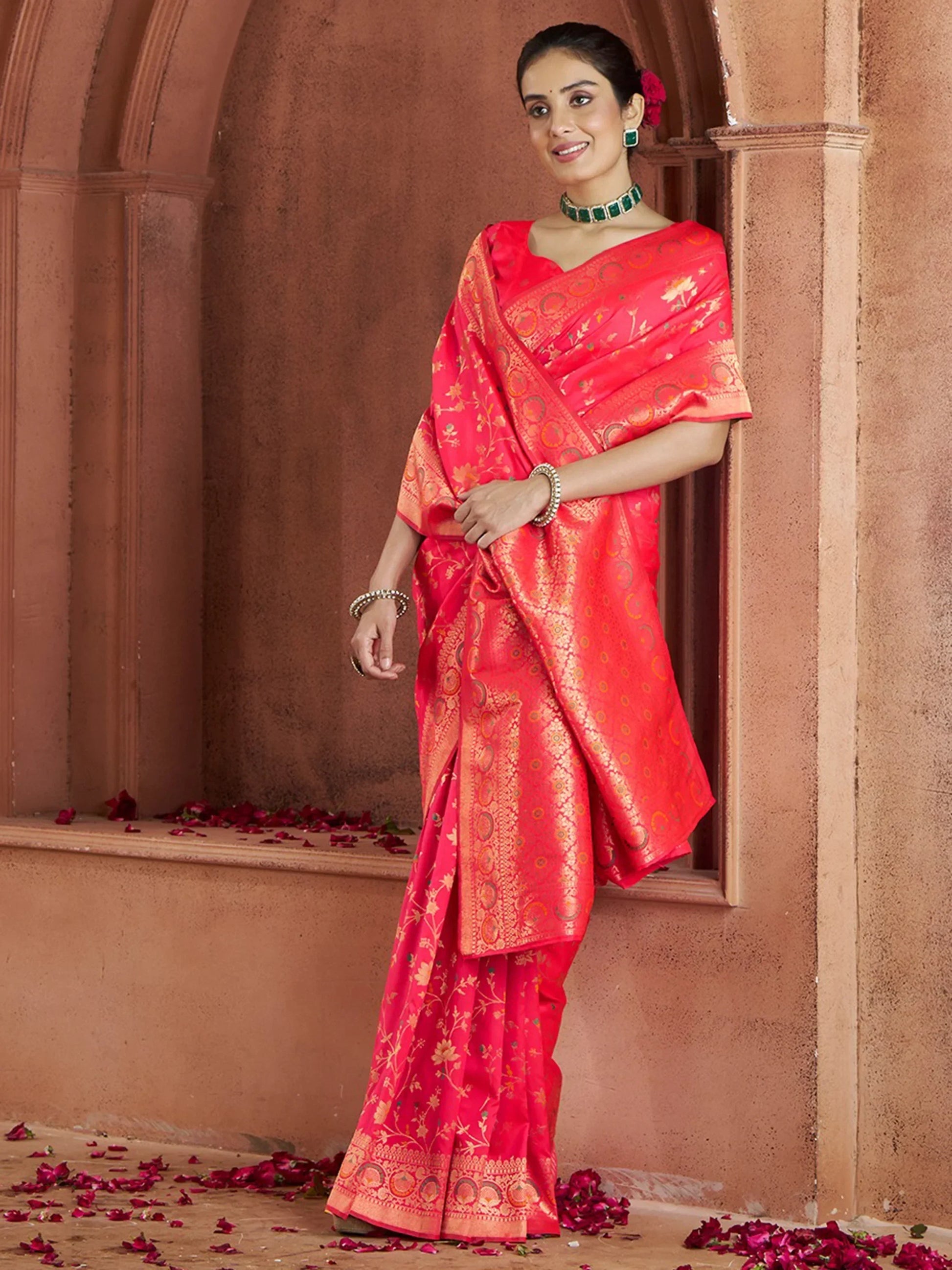 Beautiful Coral Red Zari Weaving Banarasi Silk Traditional Saree - Zeel Clothing