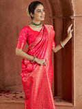 Beautiful Coral Red Zari Weaving Banarasi Silk Traditional Saree - Zeel Clothing