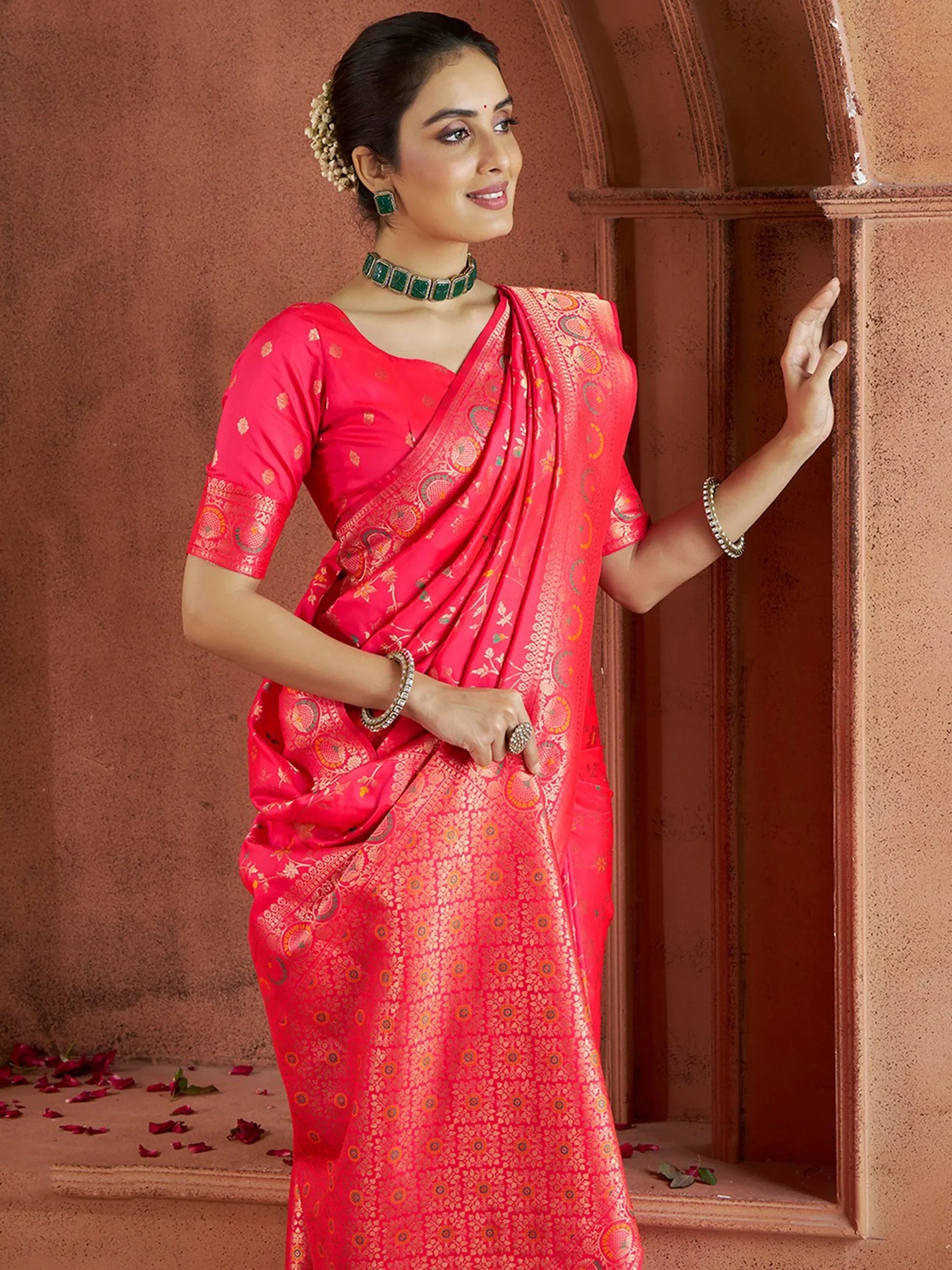 Beautiful Coral Red Zari Weaving Banarasi Silk Traditional Saree - Zeel Clothing