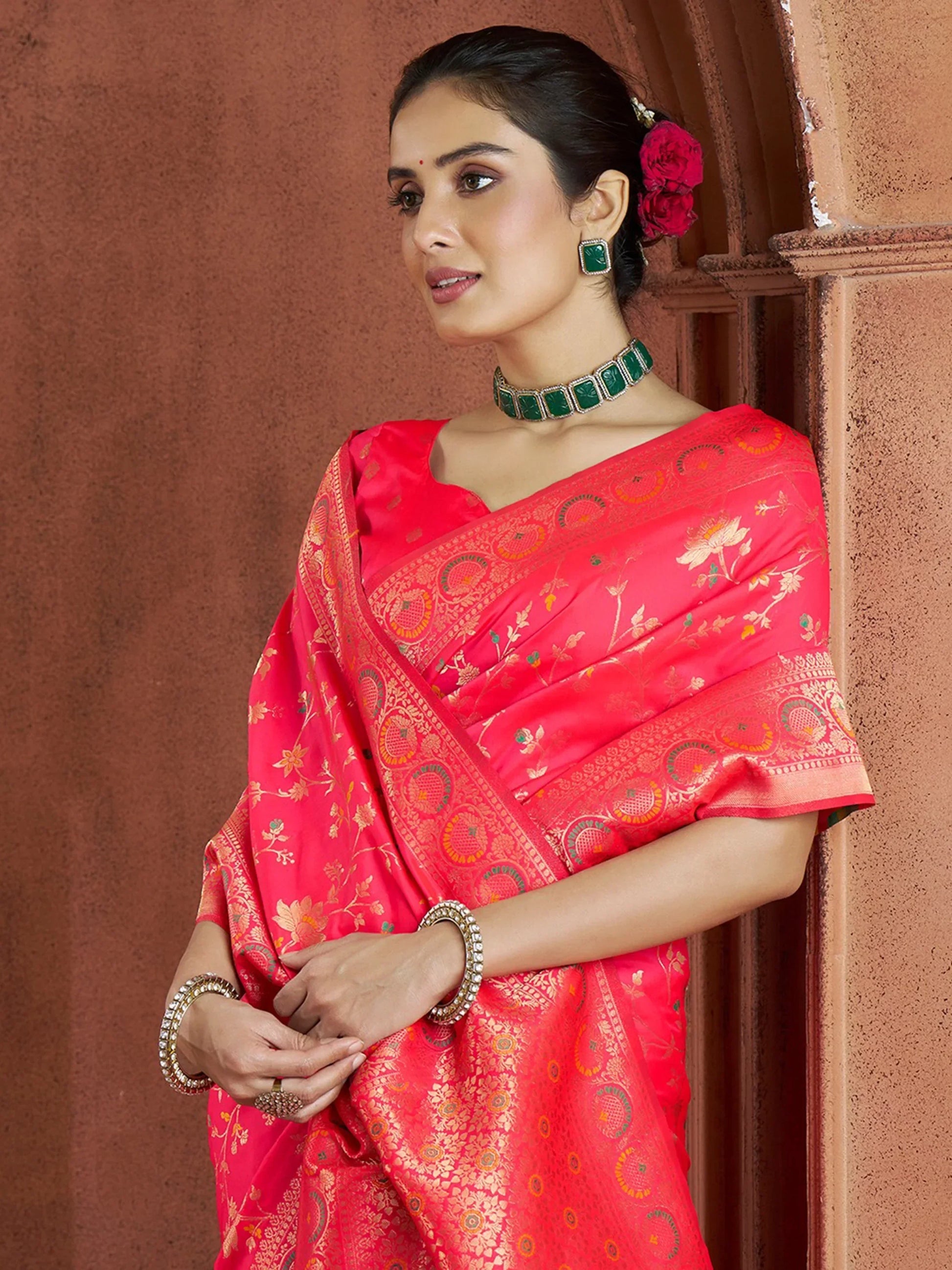 Beautiful Coral Red Zari Weaving Banarasi Silk Traditional Saree - Zeel Clothing