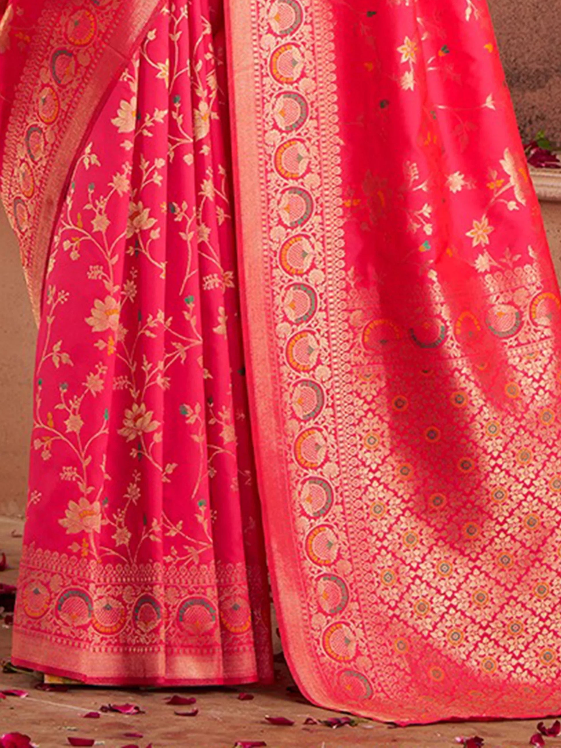 Beautiful Coral Red Zari Weaving Banarasi Silk Traditional Saree - Zeel Clothing