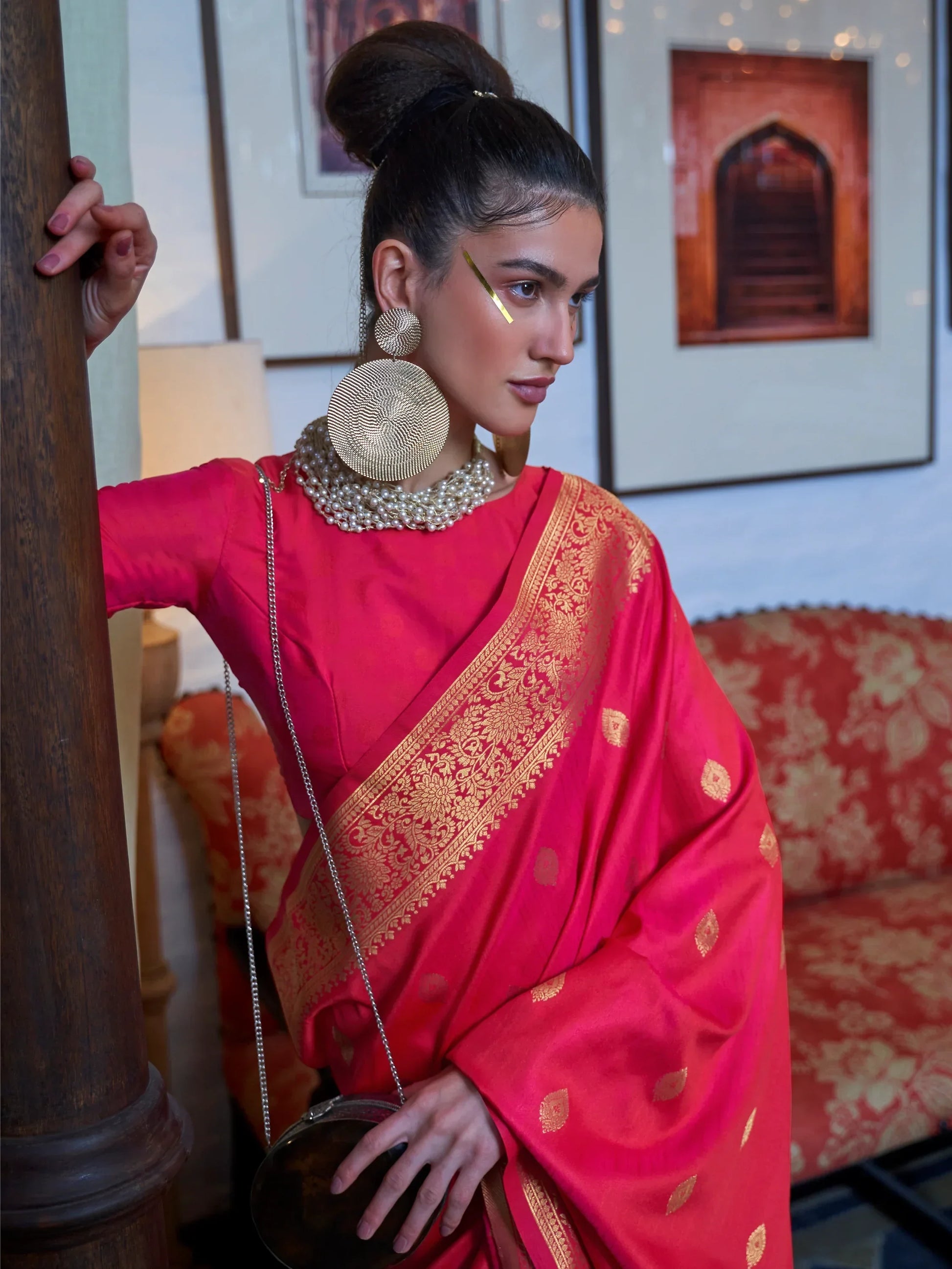 Beautiful Coral Red Zari Weaving Silk Event Wear Saree With Blouse - Zeel Clothing