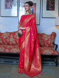 Beautiful Coral Red Zari Weaving Silk Event Wear Saree With Blouse - Zeel Clothing