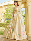 Beautiful Cream Bead Embroidery Tissue Designer Lehenga Choli