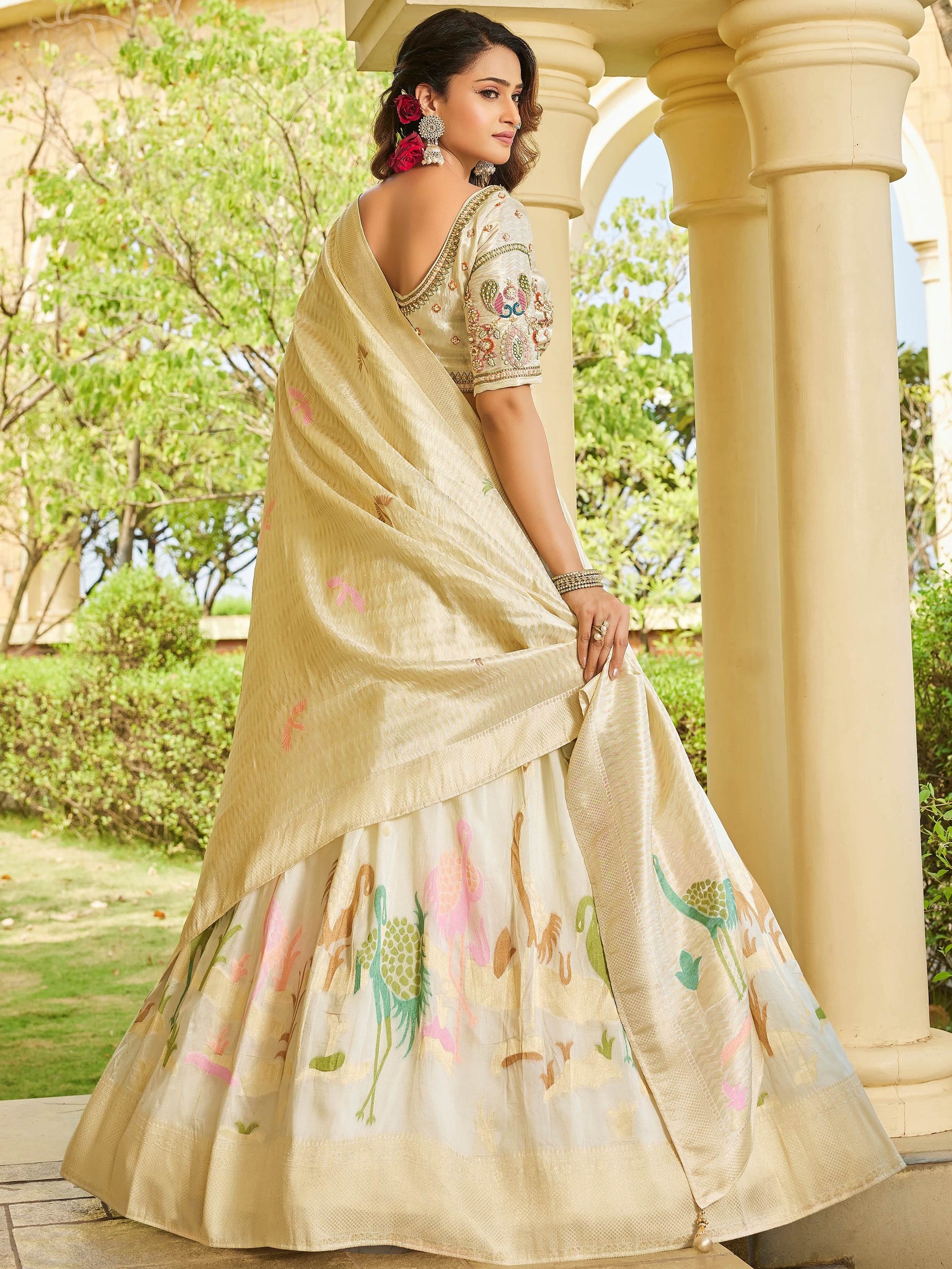 Beautiful Cream Bead Embroidery Tissue Designer Lehenga Choli