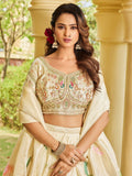 Beautiful Cream Bead Embroidery Tissue Designer Lehenga Choli