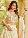 Beautiful Cream Bead Embroidery Tissue Designer Lehenga Choli