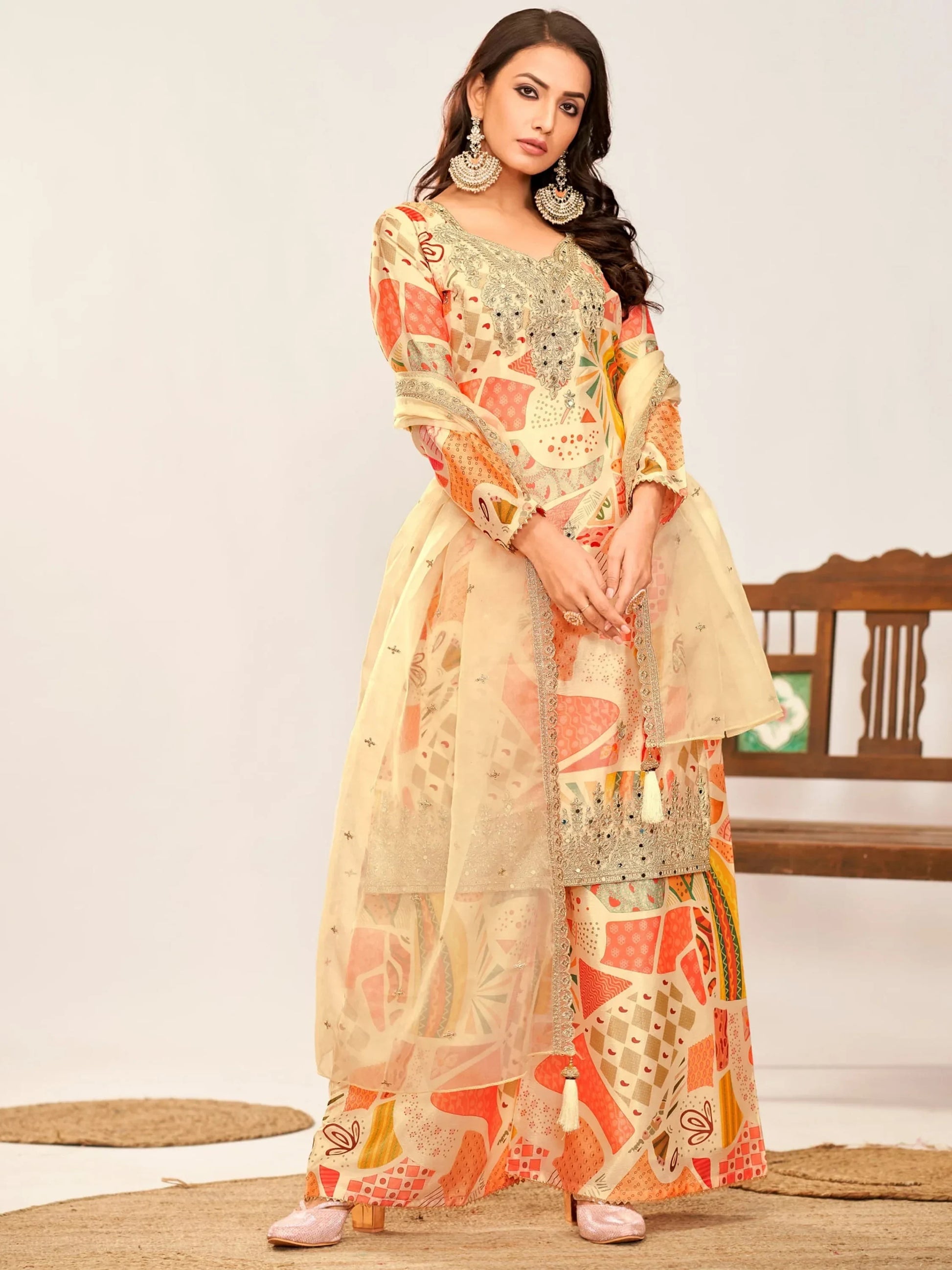 Beautiful Cream Embroidered Chinon Traditional Palazzo Suit - Zeel Clothing