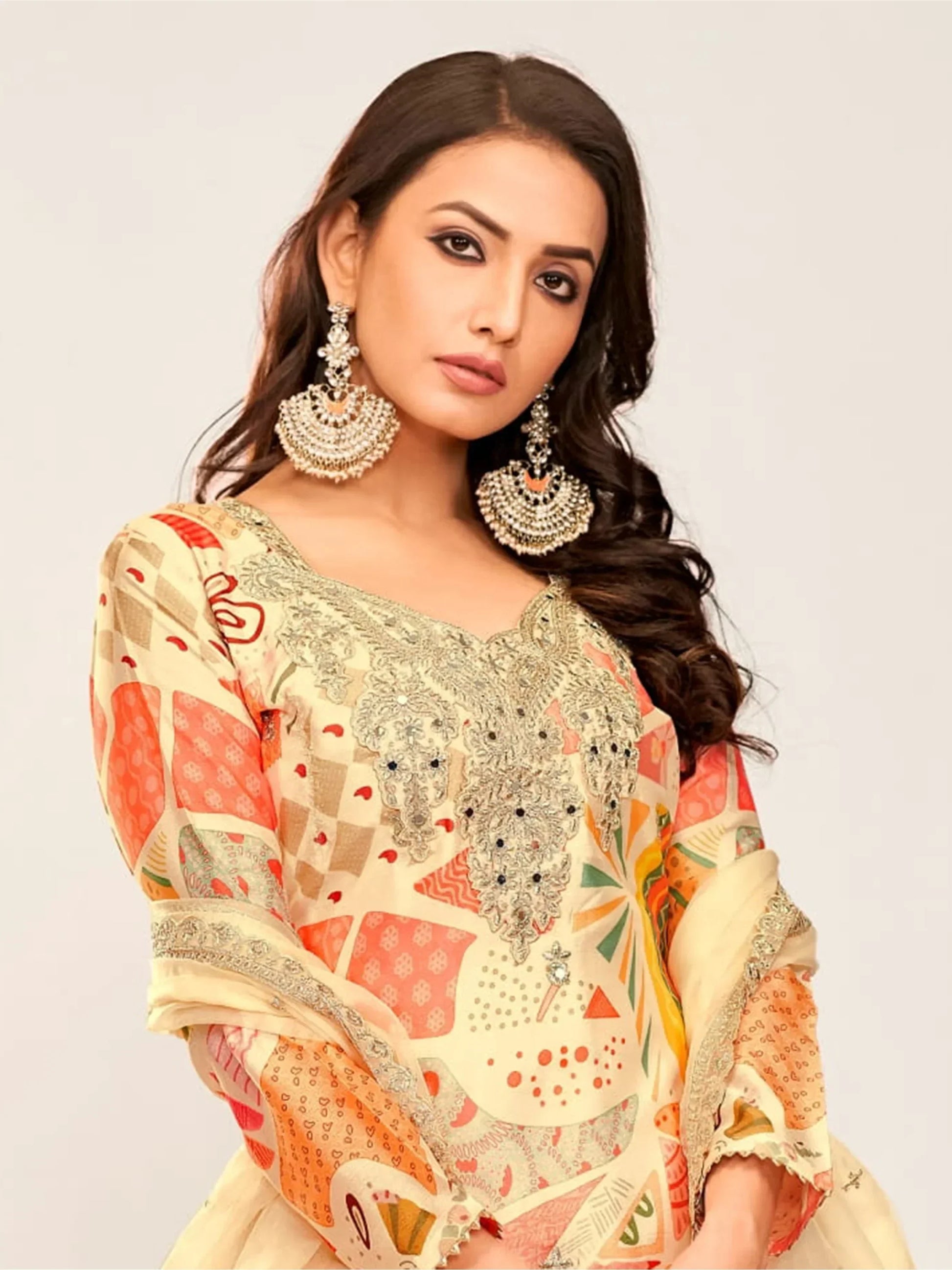 Beautiful Cream Embroidered Chinon Traditional Palazzo Suit - Zeel Clothing