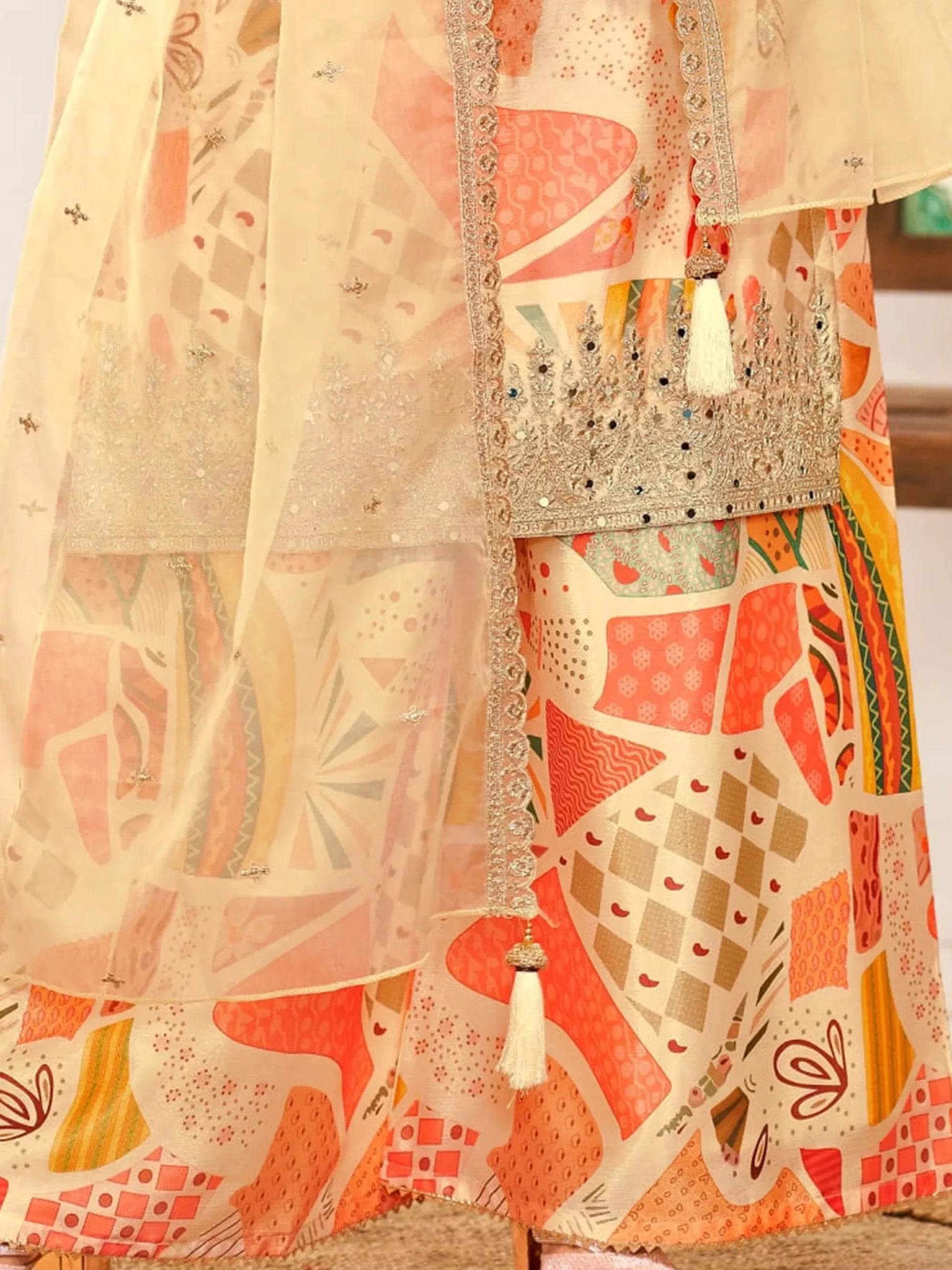 Beautiful Cream Embroidered Chinon Traditional Palazzo Suit - Zeel Clothing