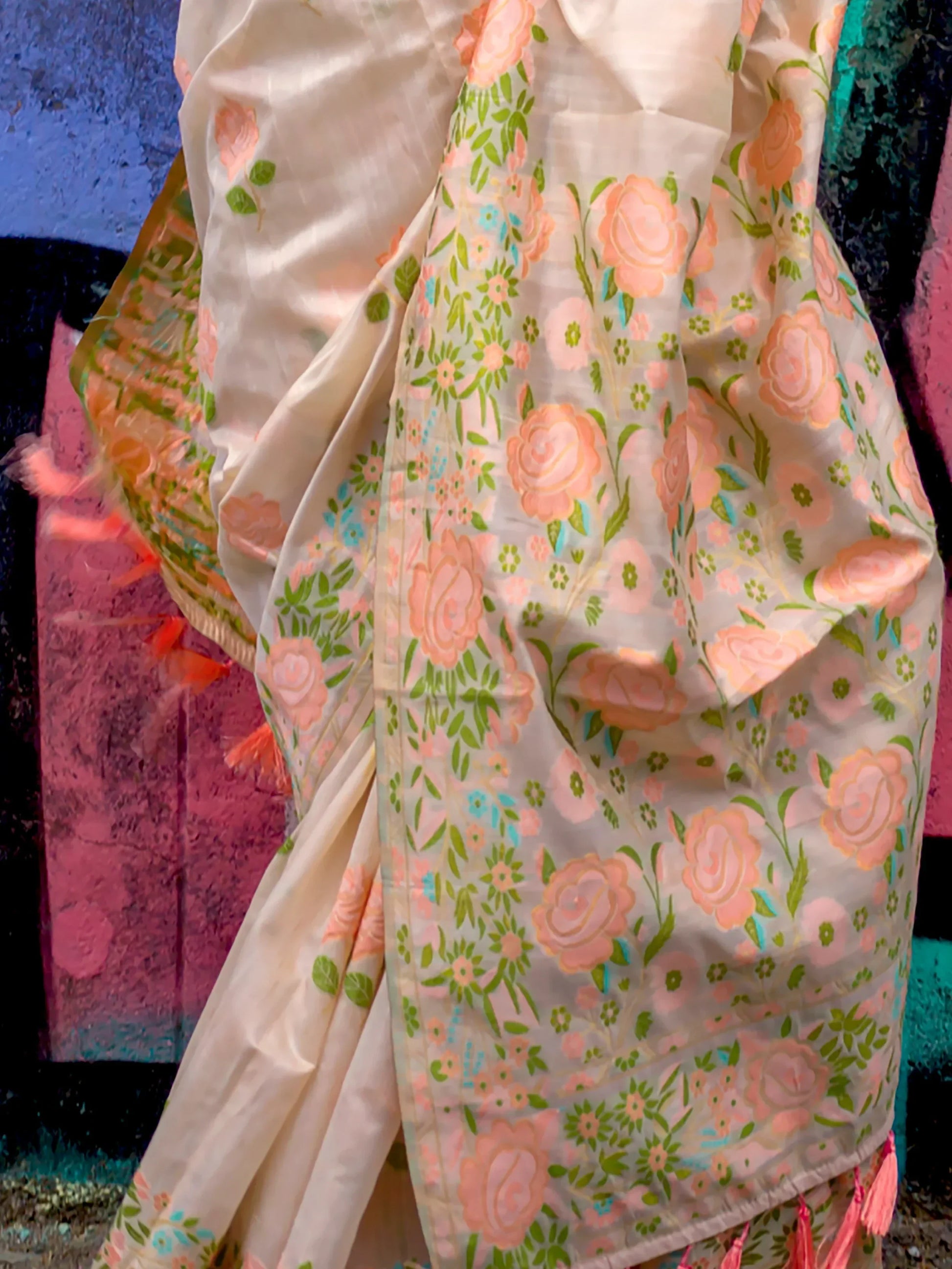 Beautiful Cream Floral Printed Silk Festive Wear Saree With Blouse - Zeel Clothing