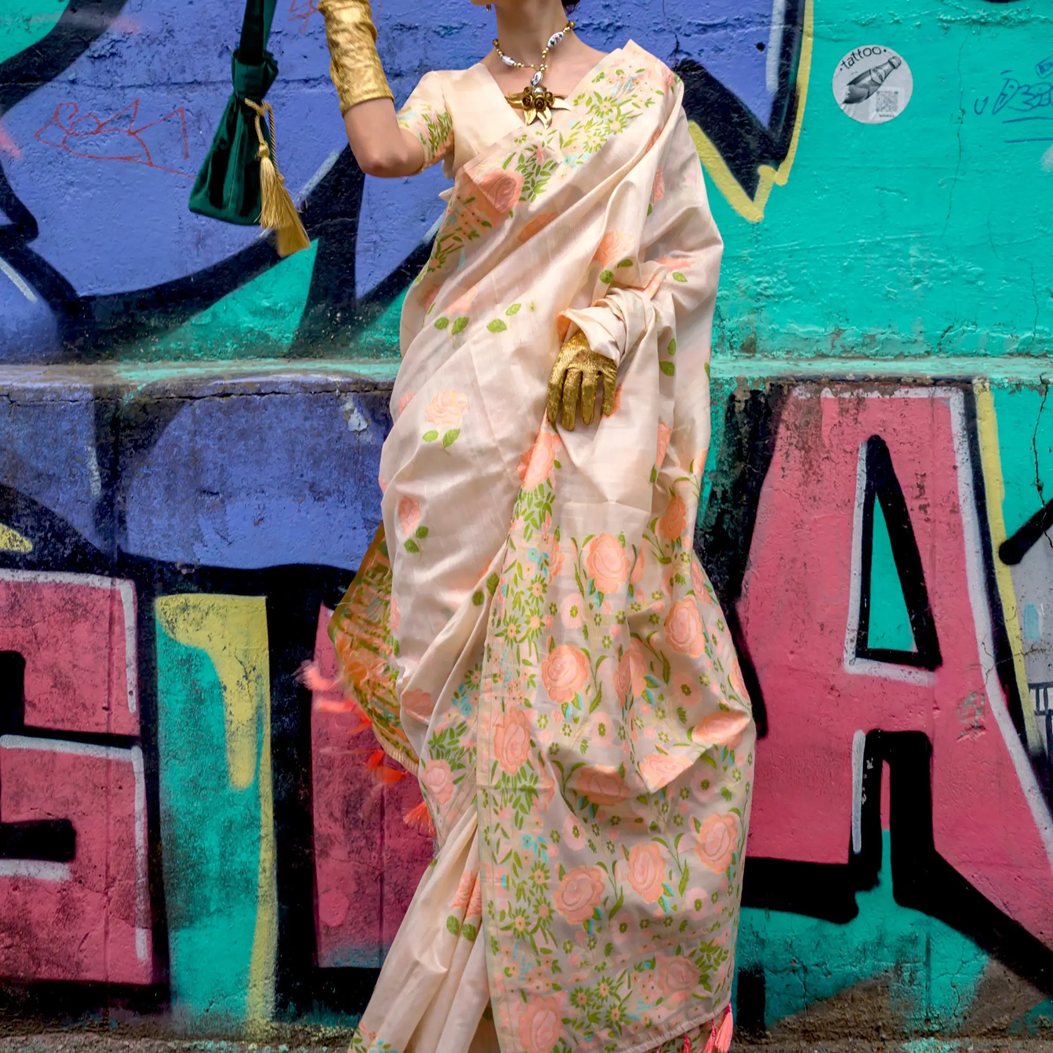 Beautiful Cream Floral Printed Silk Festive Wear Saree With Blouse - Zeel Clothing