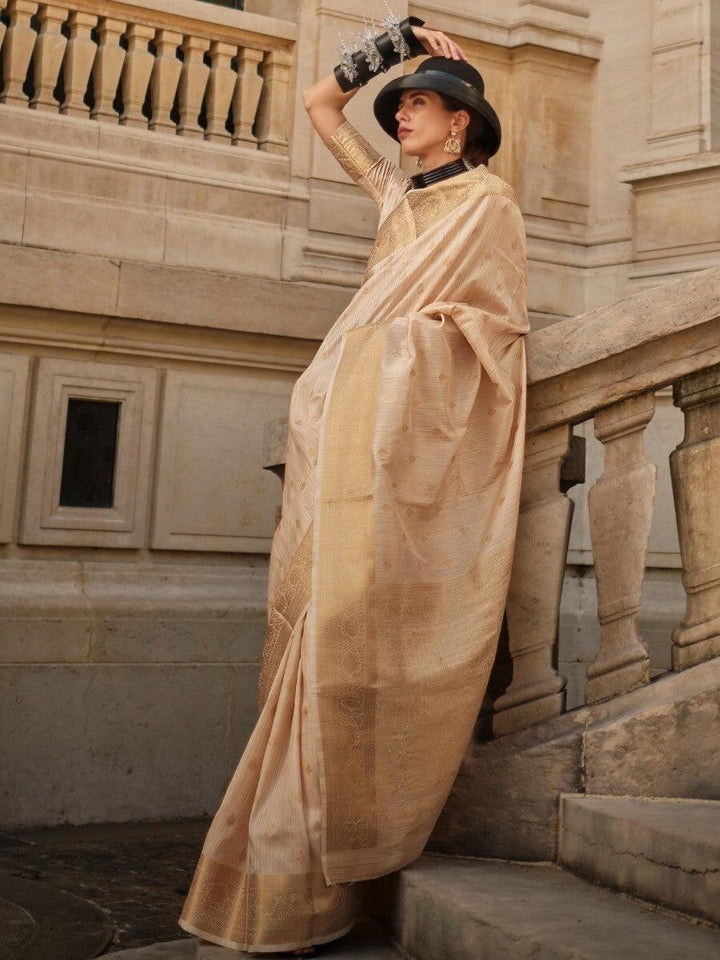 Beautiful Cream Zari Weaving Silk Events Wear Saree With Blouse