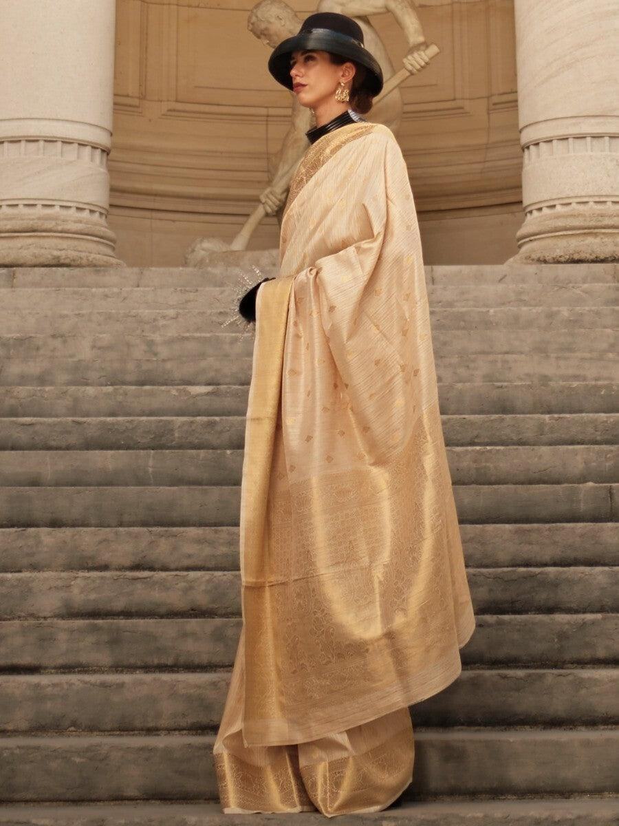 Beautiful Cream Zari Weaving Silk Events Wear Saree With Blouse