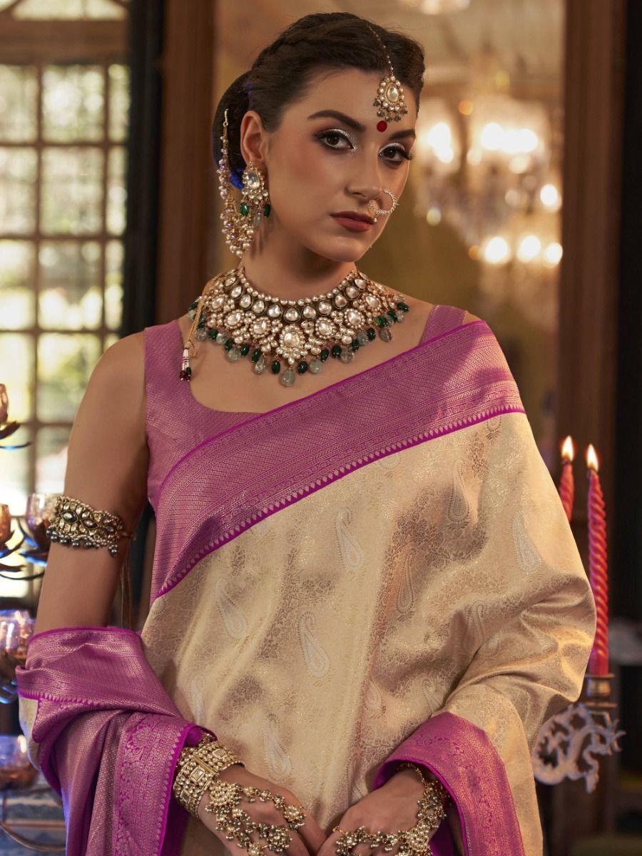 Beautiful Cream Zari Woven Kanjivaram Silk Wedding Wear Saree