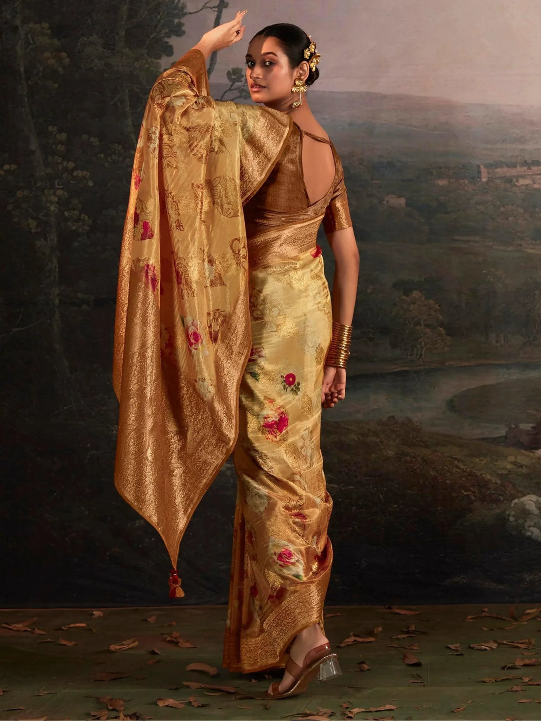 Beautiful Dark Cream Floral Printed Silk Saree With Blouse