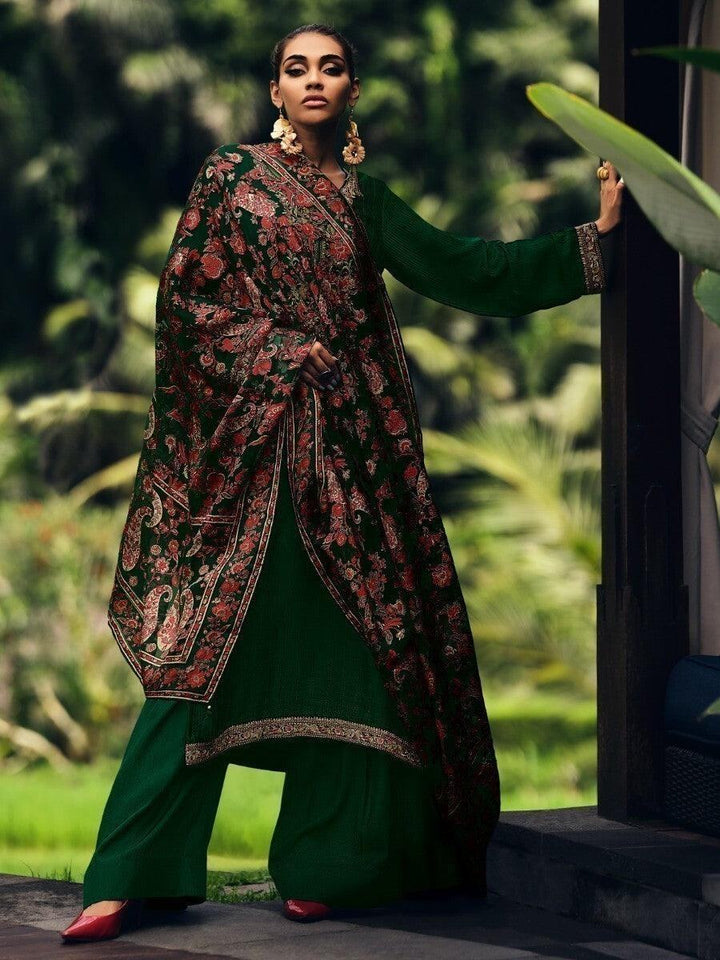 Beautiful Dark Green Embroidered Muslin Silk Pakistani Salwar Suit