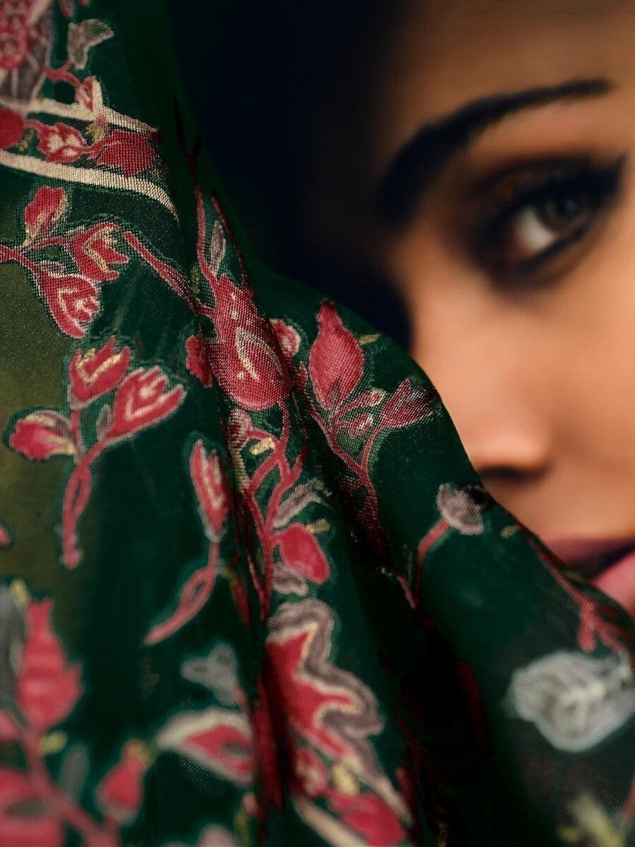 Beautiful Dark Green Embroidered Muslin Silk Pakistani Salwar Suit