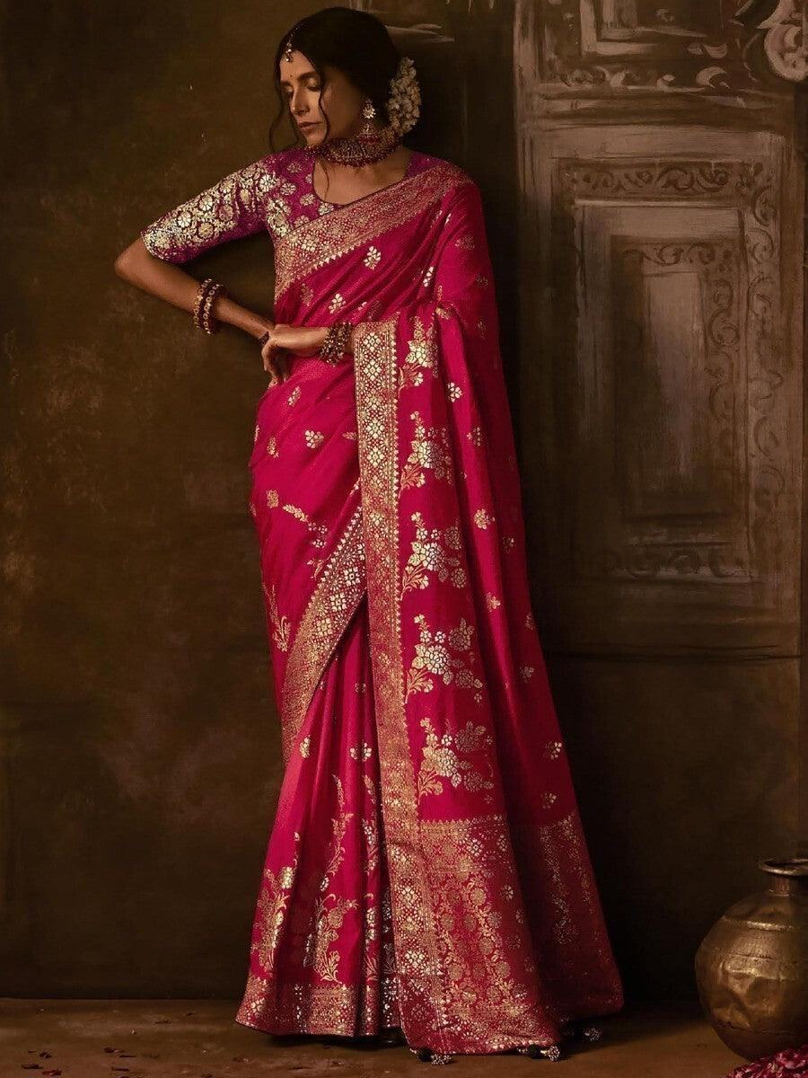 Beautiful Dark Pink Zari Woven Silk Wedding Wear Saree With Blouse