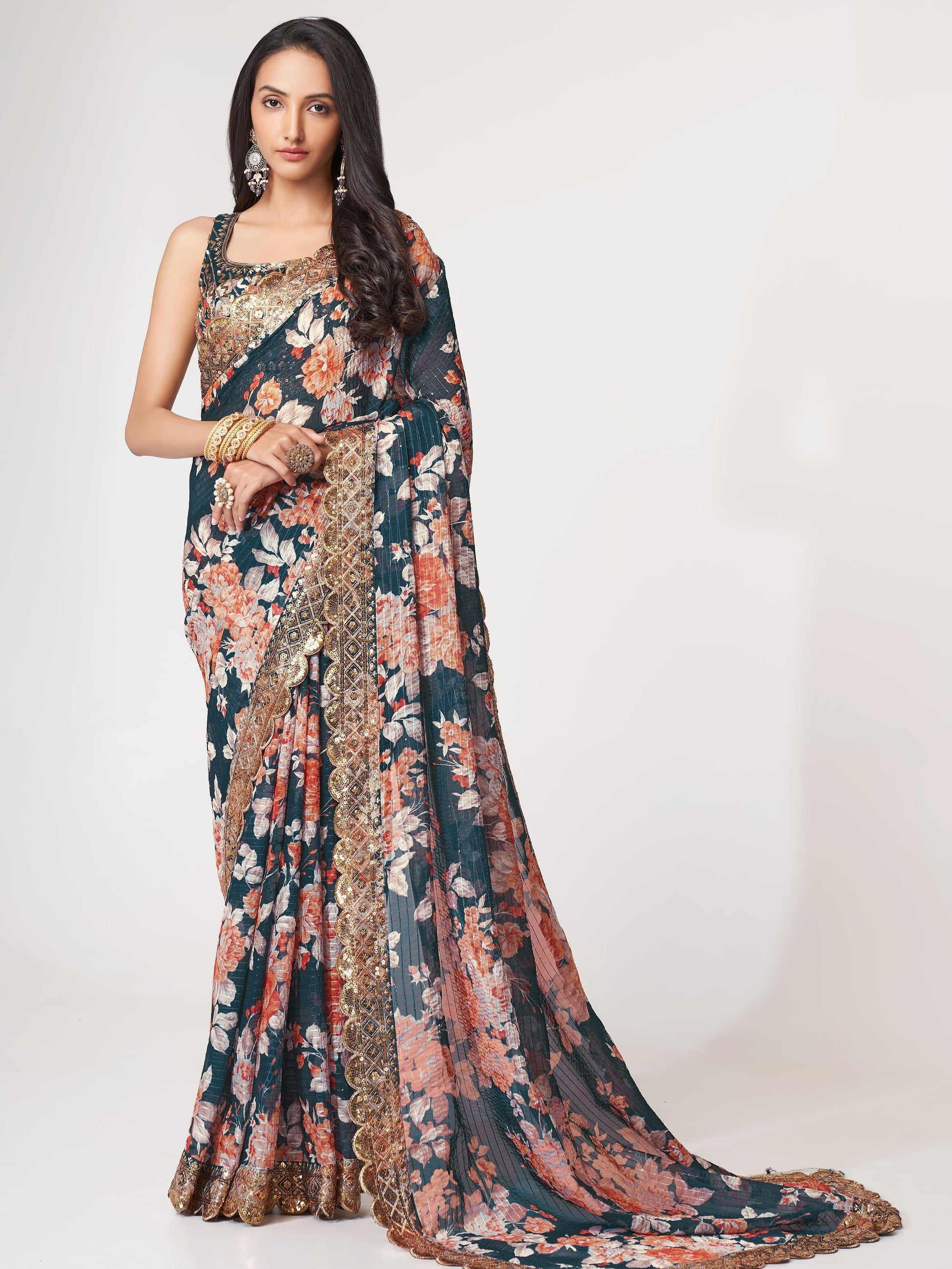 Beautiful Dove Blue Floral Print Organza Party Wear Saree With Blouse - Zeel Clothing