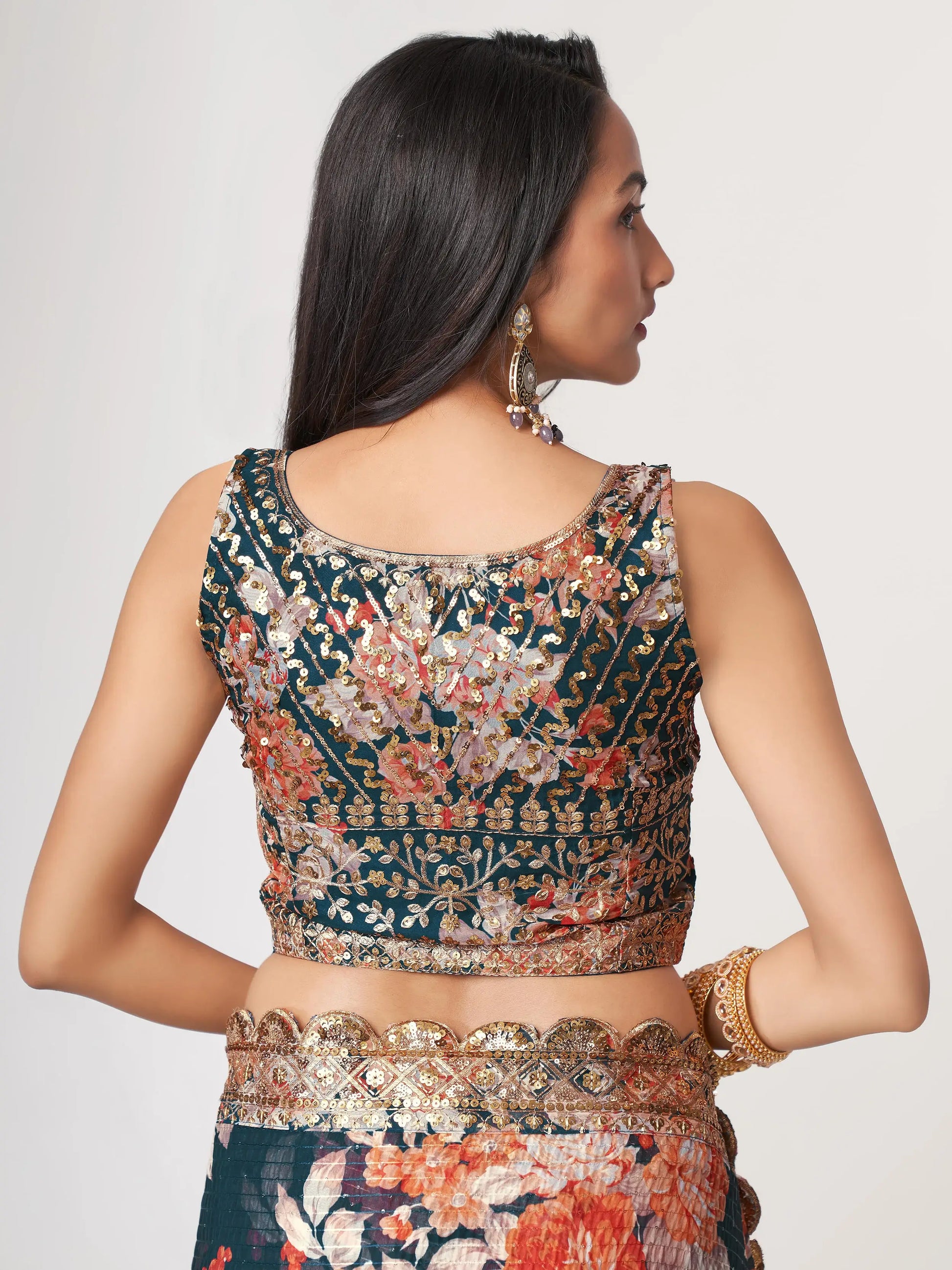 Beautiful Dove Blue Floral Print Organza Party Wear Saree With Blouse - Zeel Clothing