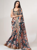 Beautiful Dove Blue Floral Print Organza Party Wear Saree With Blouse - Zeel Clothing