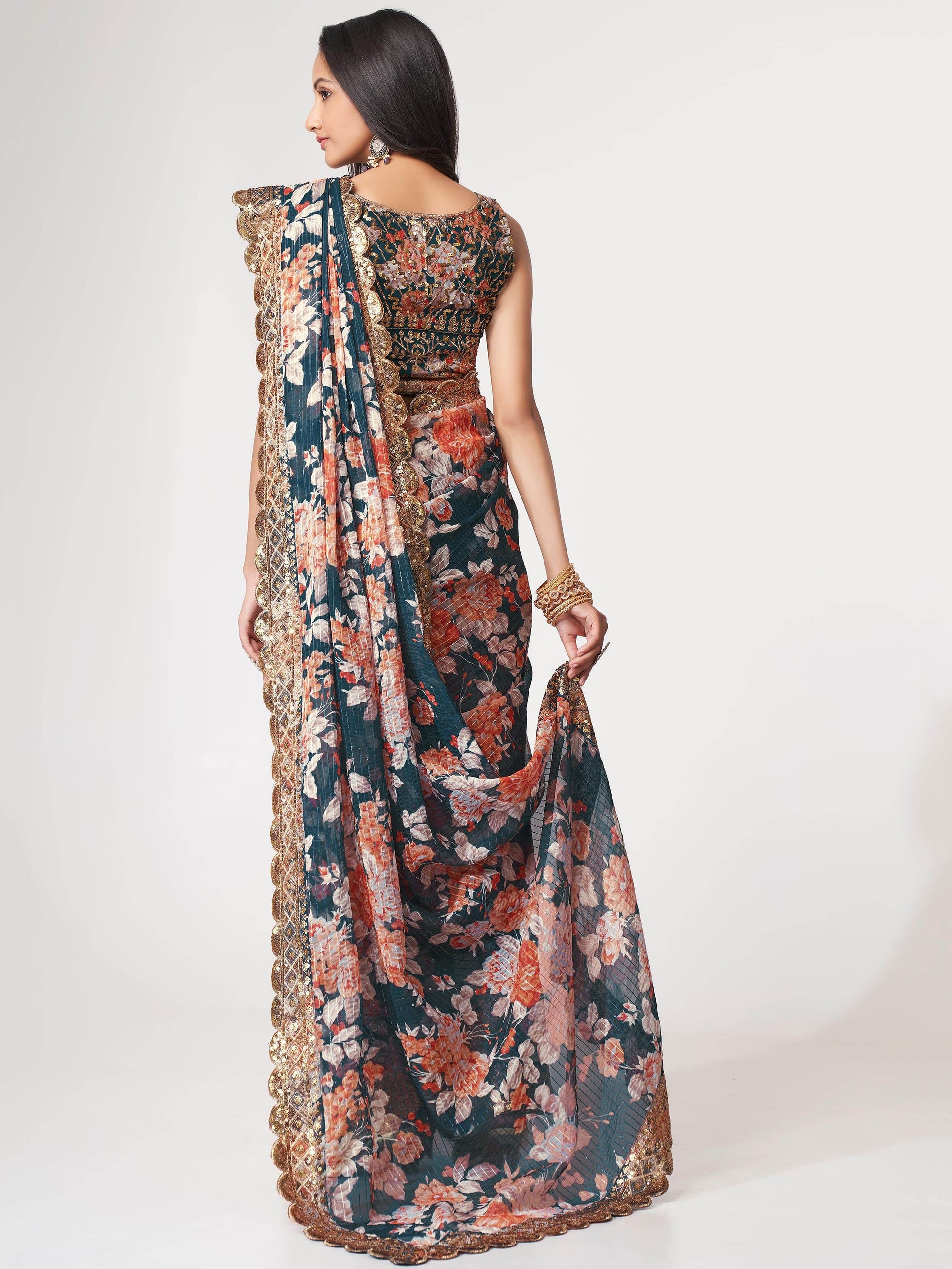 Beautiful Dove Blue Floral Print Organza Party Wear Saree With Blouse - Zeel Clothing