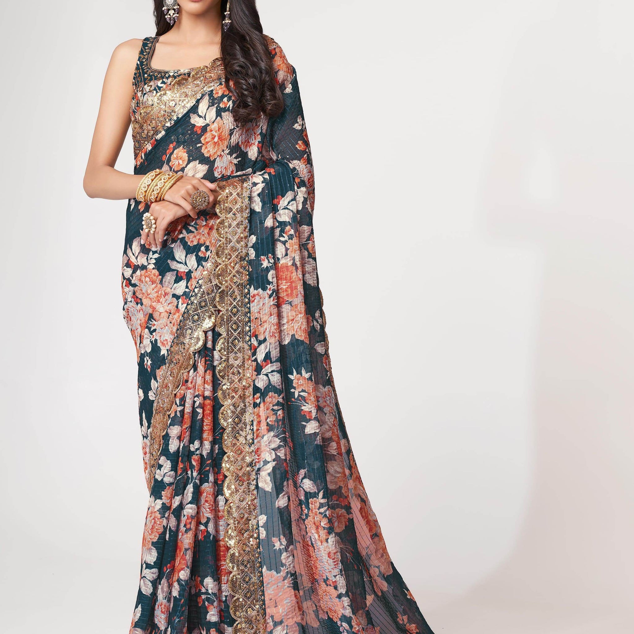 Beautiful Dove Blue Floral Print Organza Party Wear Saree With Blouse - Zeel Clothing
