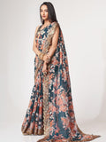Beautiful Dove Blue Floral Print Organza Party Wear Saree With Blouse - Zeel Clothing
