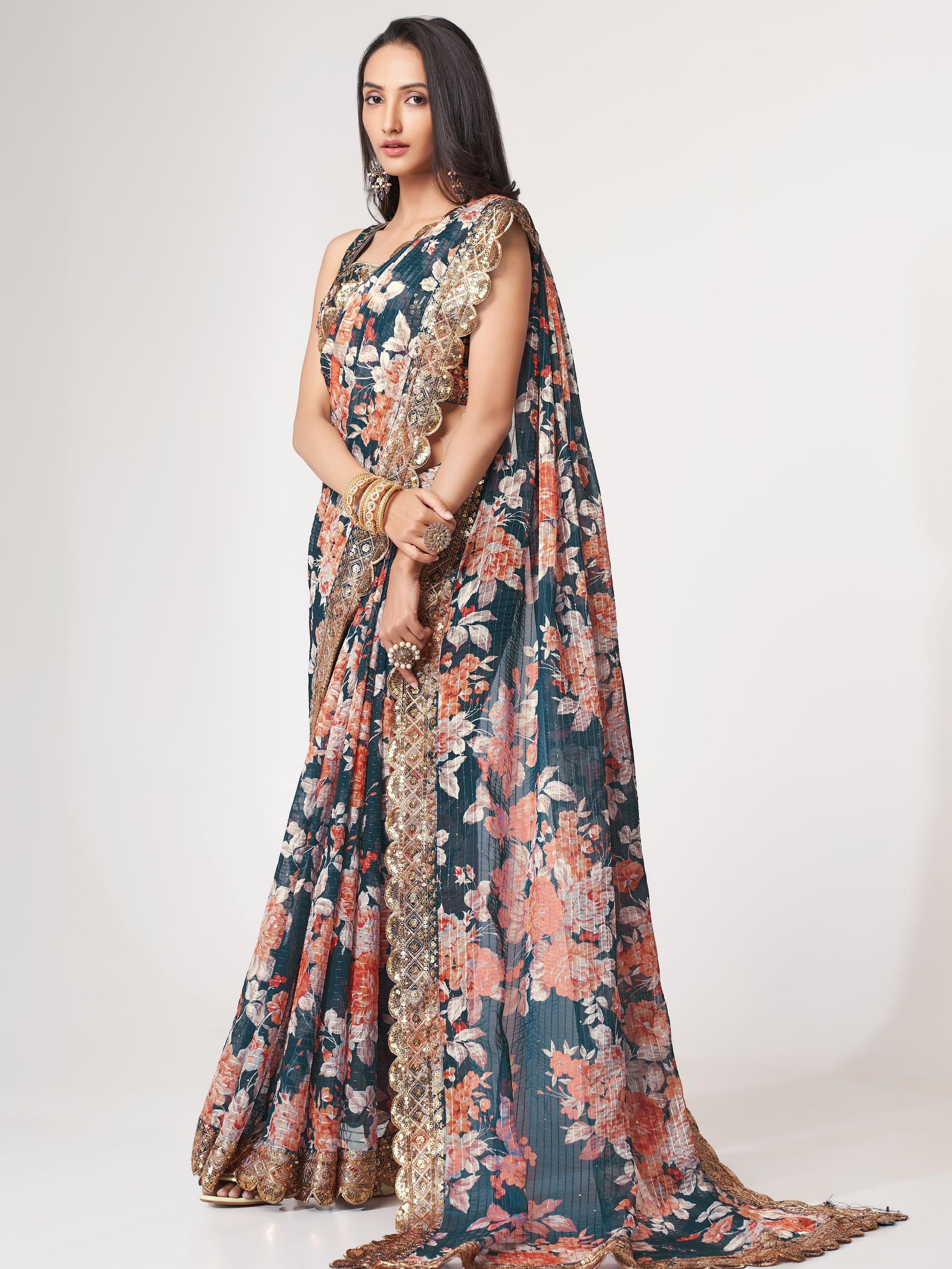 Beautiful Dove Blue Floral Print Organza Party Wear Saree With Blouse - Zeel Clothing
