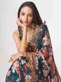 Beautiful Dove Blue Floral Print Organza Party Wear Saree With Blouse - Zeel Clothing