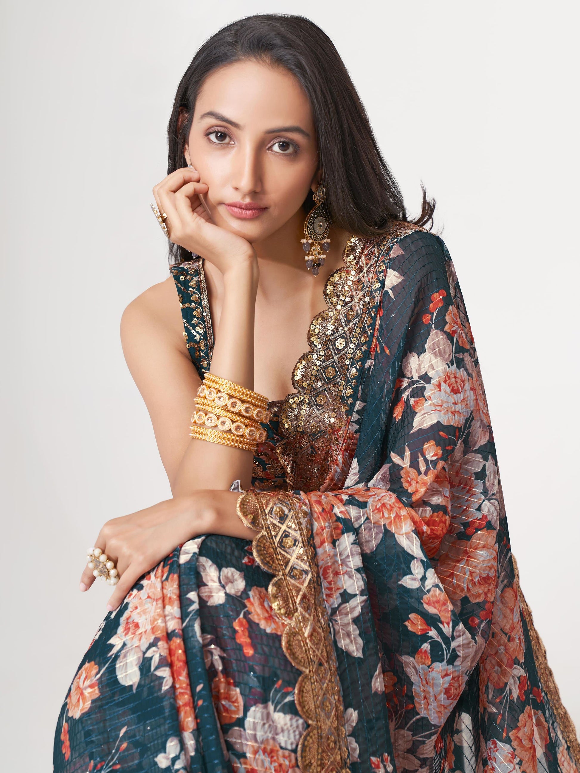 Beautiful Dove Blue Floral Print Organza Party Wear Saree With Blouse - Zeel Clothing