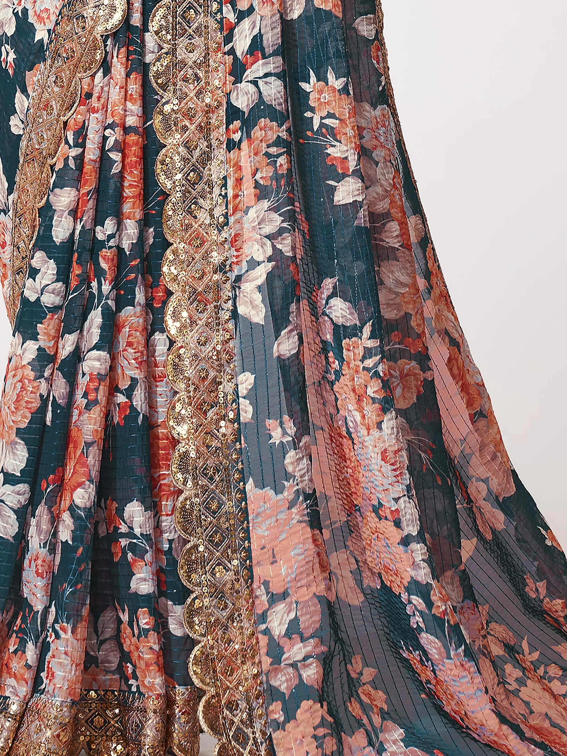 Beautiful Dove Blue Floral Print Organza Party Wear Saree With Blouse - Zeel Clothing