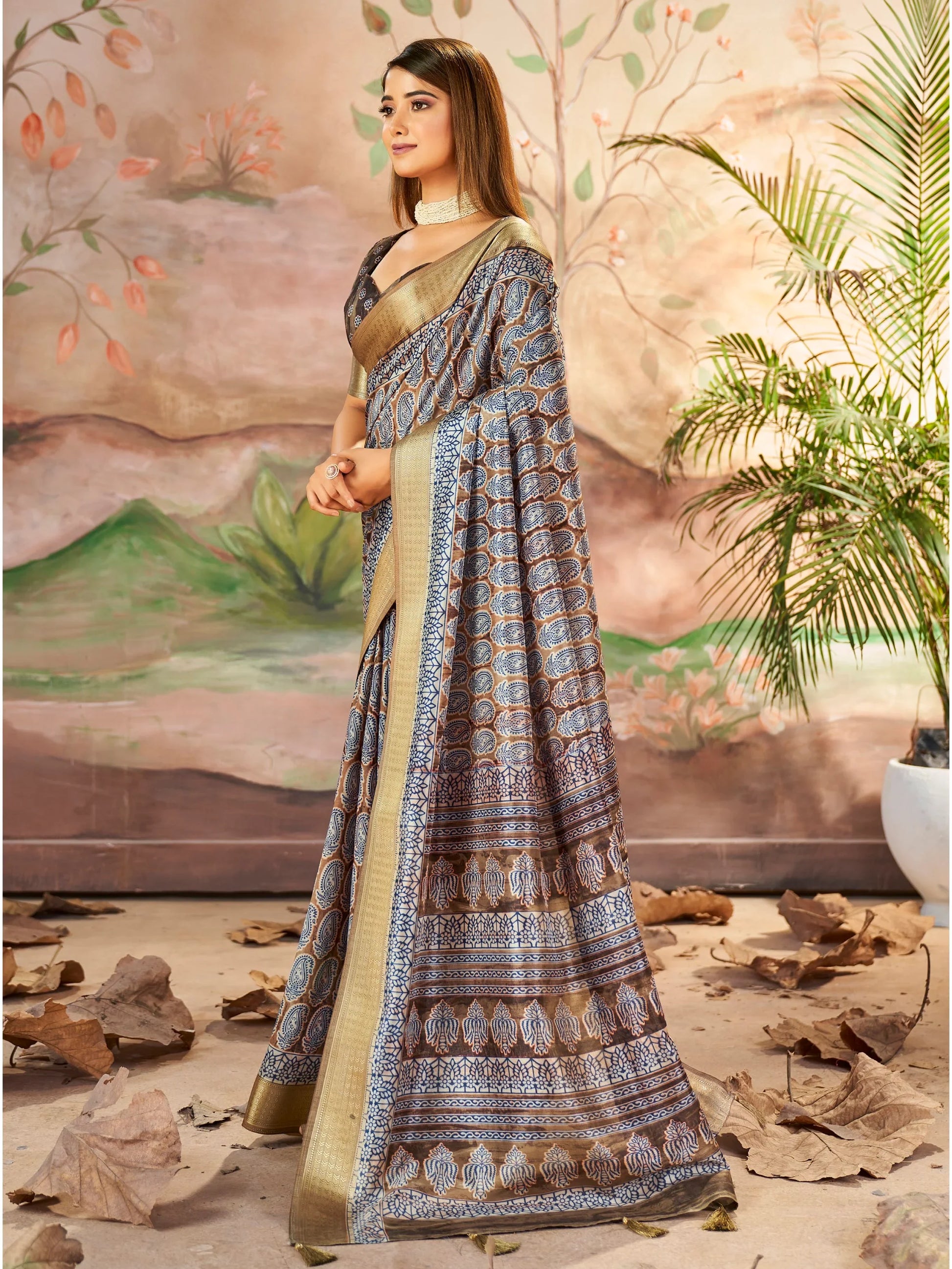 Beautiful Dull Brown Digital Printed Dola Silk Saree With Blouse - Zeel Clothing