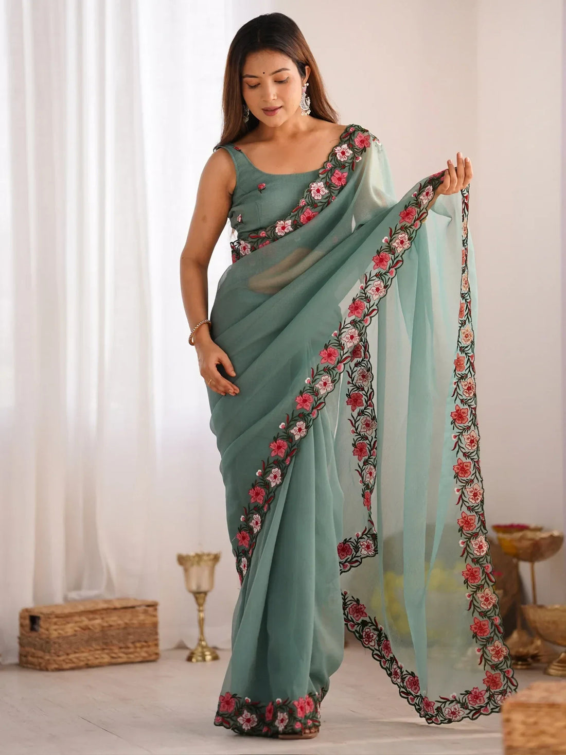 Beautiful Dusty Green Embroidered Georgette Event Wear Saree - Zeel Clothing