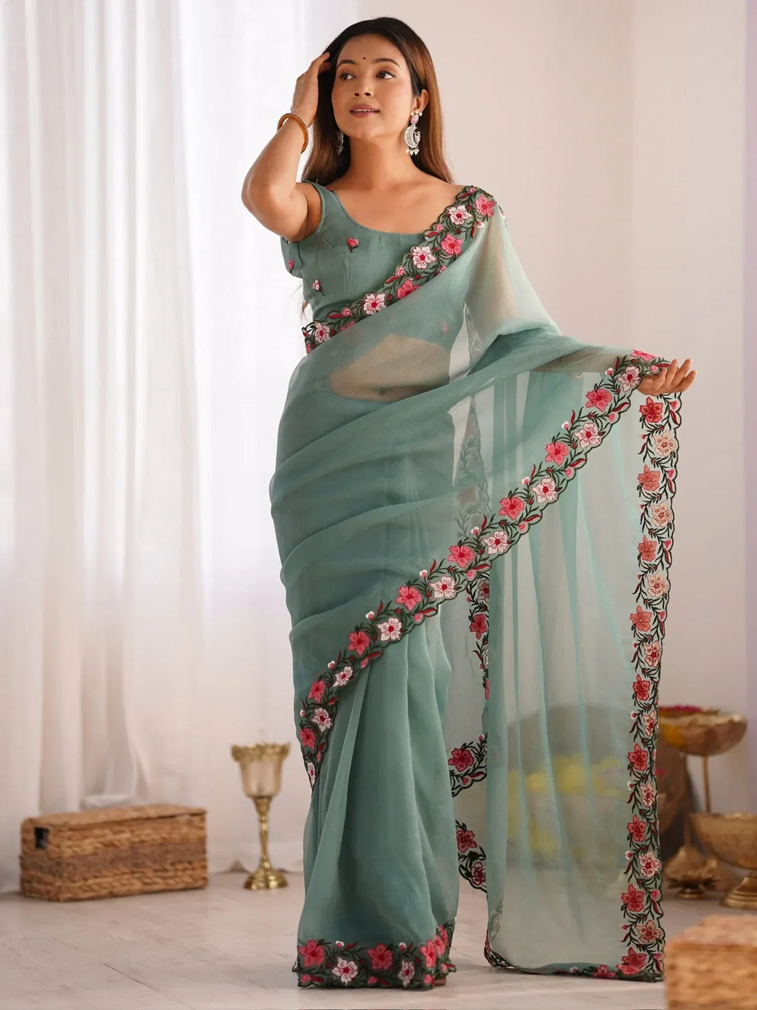Beautiful Dusty Green Embroidered Georgette Event Wear Saree - Zeel Clothing