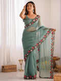 Beautiful Dusty Green Embroidered Georgette Event Wear Saree - Zeel Clothing