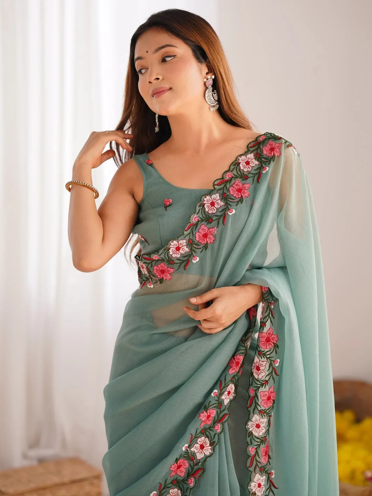 Beautiful Dusty Green Embroidered Georgette Event Wear Saree - Zeel Clothing