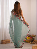 Beautiful Dusty Green Embroidered Georgette Event Wear Saree - Zeel Clothing