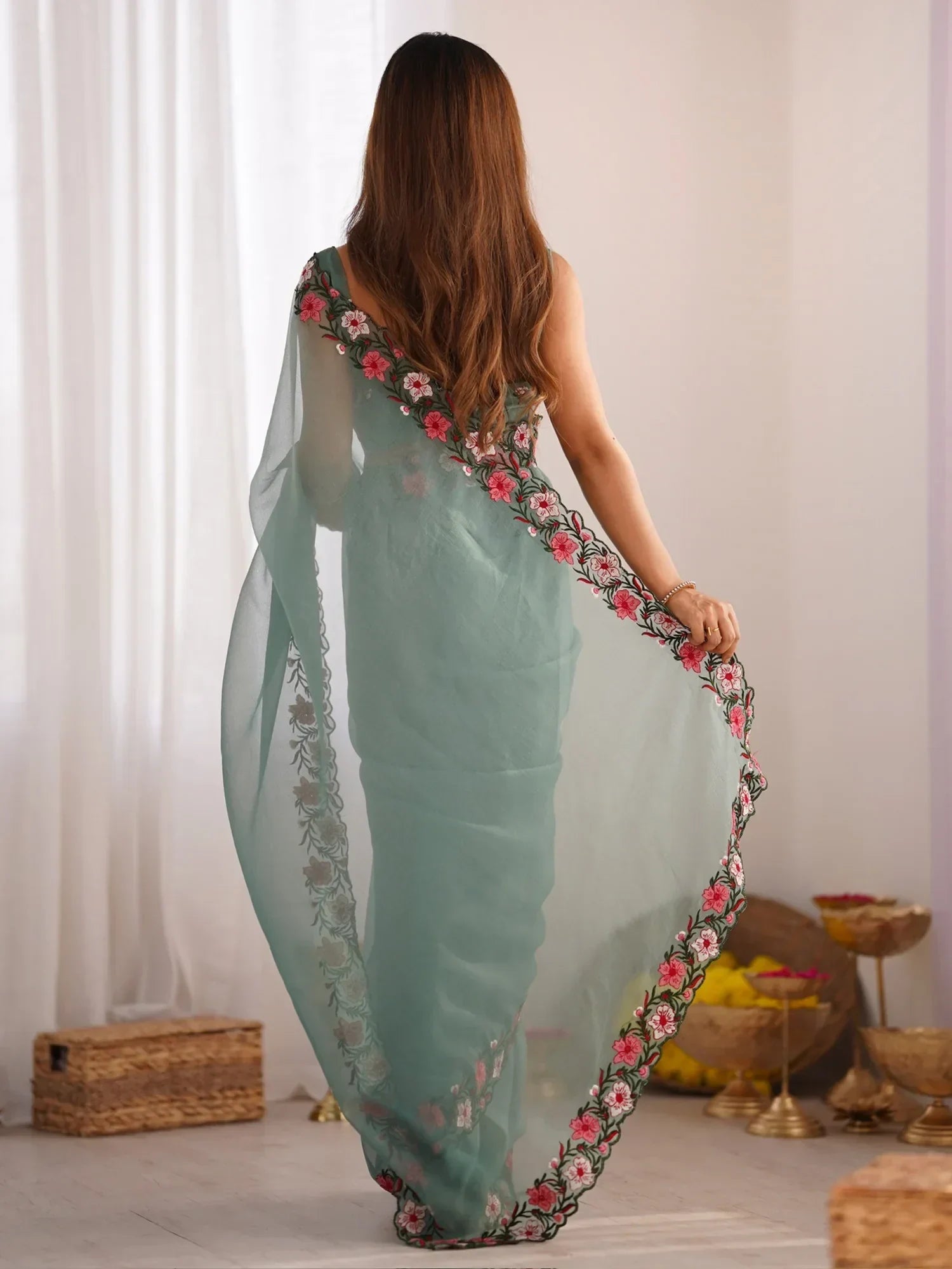 Beautiful Dusty Green Embroidered Georgette Event Wear Saree - Zeel Clothing