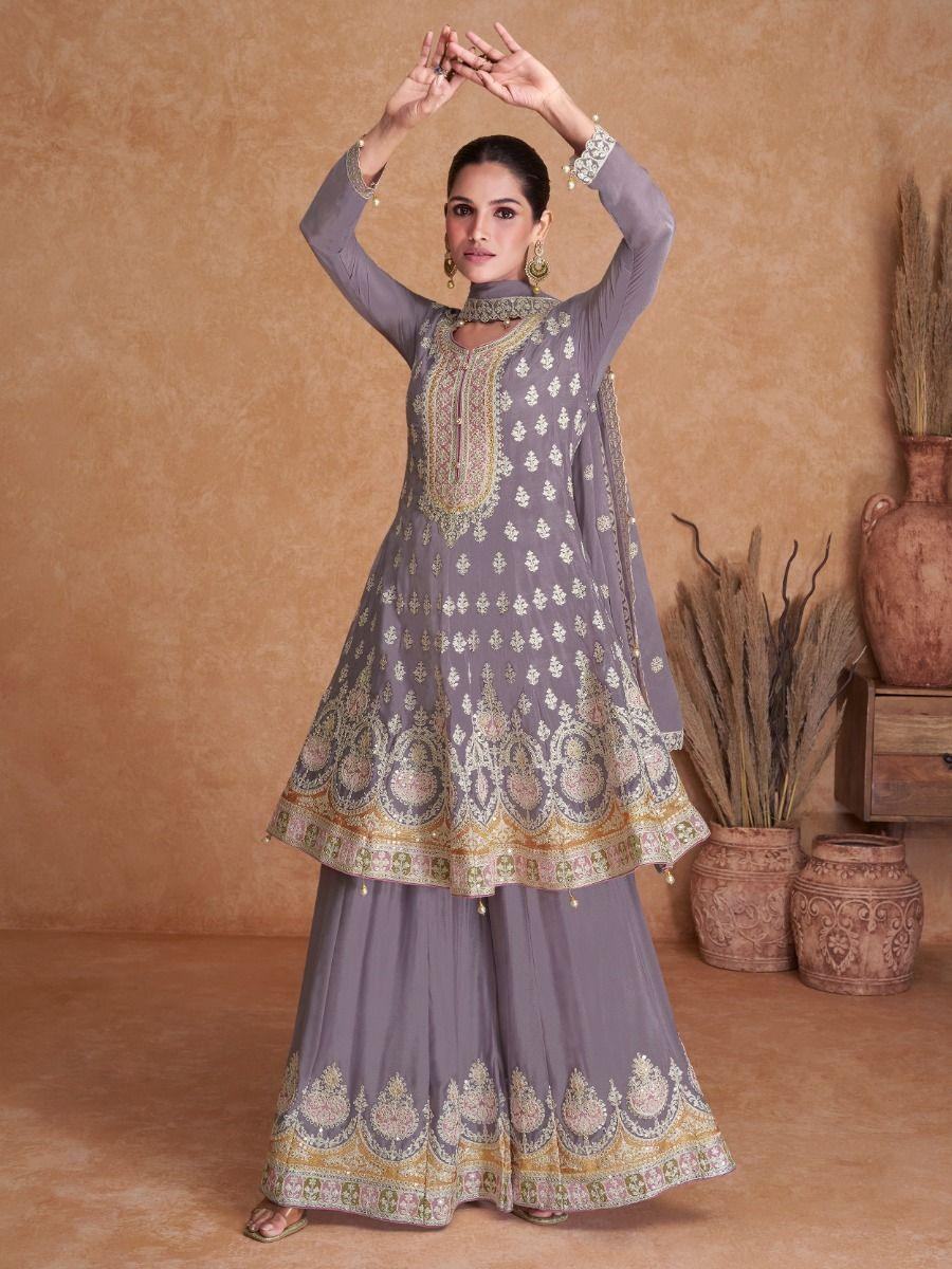 Beautiful Dusty Purple Embroidered Chinon Wedding Wear Palazzo Suit