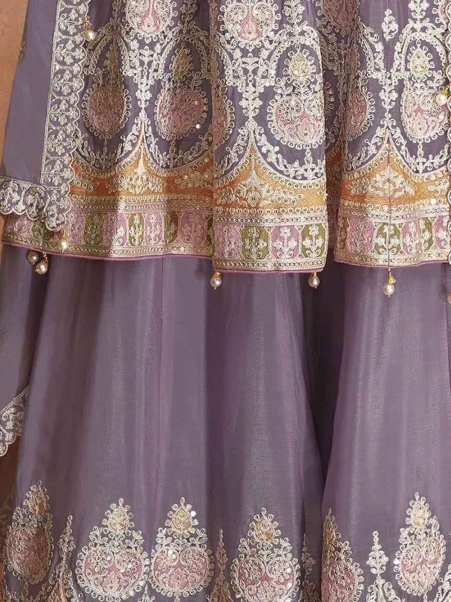 Beautiful Dusty Purple Embroidered Chinon Wedding Wear Palazzo Suit - Zeel Clothing