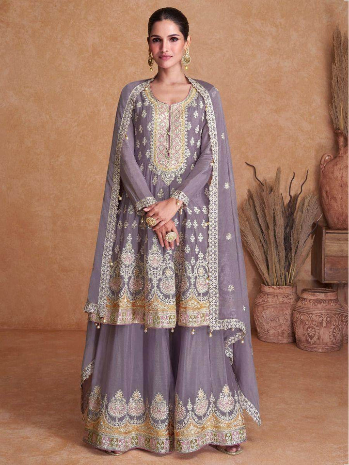 Beautiful Dusty Purple Embroidered Chinon Wedding Wear Palazzo Suit - Zeel Clothing