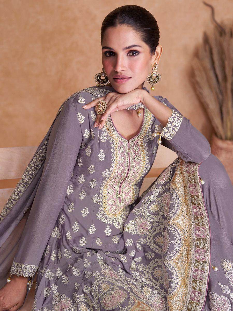 Beautiful Dusty Purple Embroidered Chinon Wedding Wear Palazzo Suit - Zeel Clothing