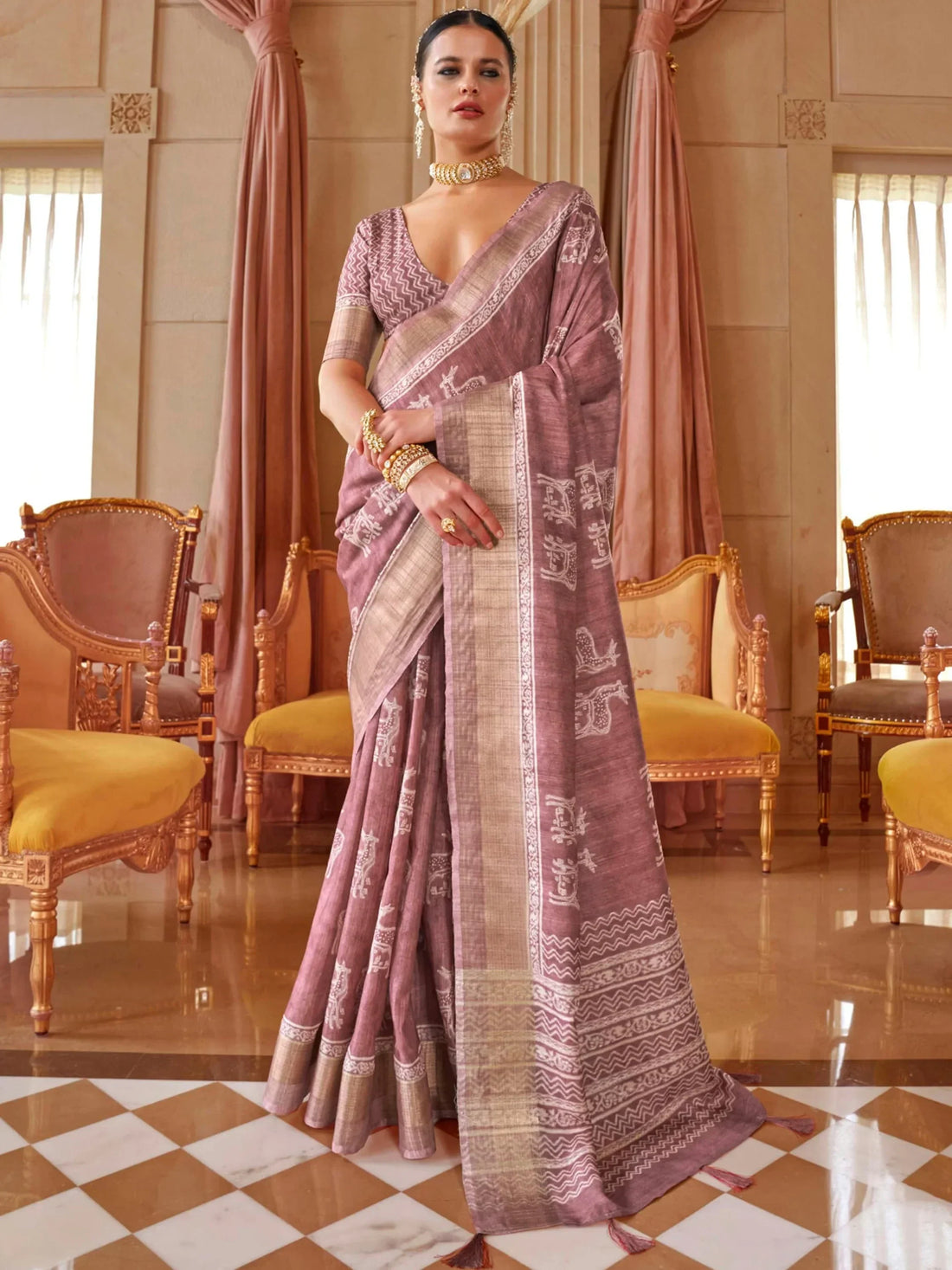 Beautiful Dusty Purple Printed Silk Casual Wear Saree With Blouse - Zeel Clothing