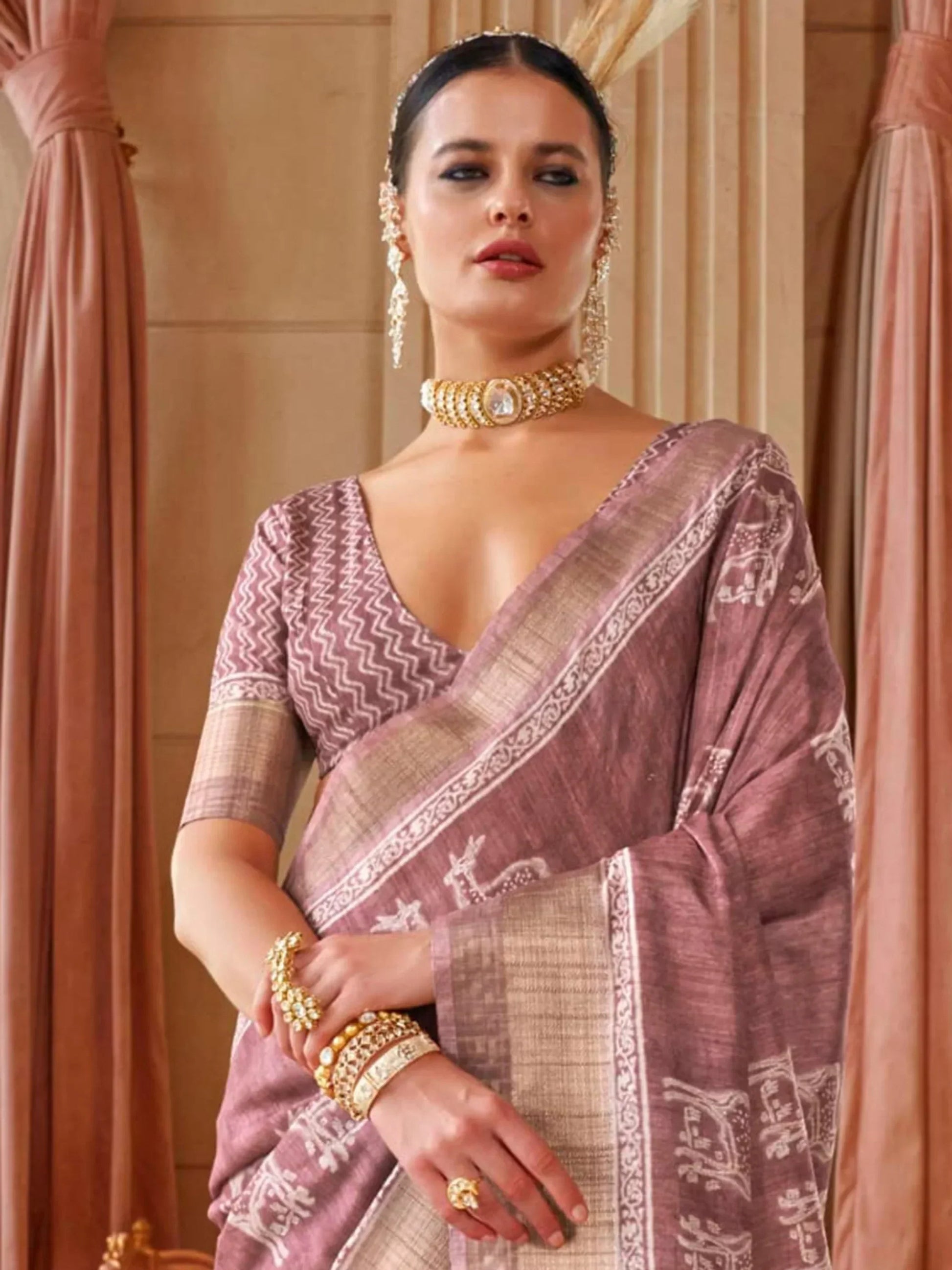 Beautiful Dusty Purple Printed Silk Casual Wear Saree With Blouse - Zeel Clothing