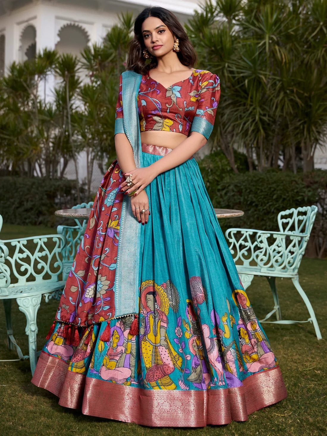 Beautiful Firozi Blue Kalamkari Printed Dola Silk Traditional Lehenga Choli - Zeel Clothing