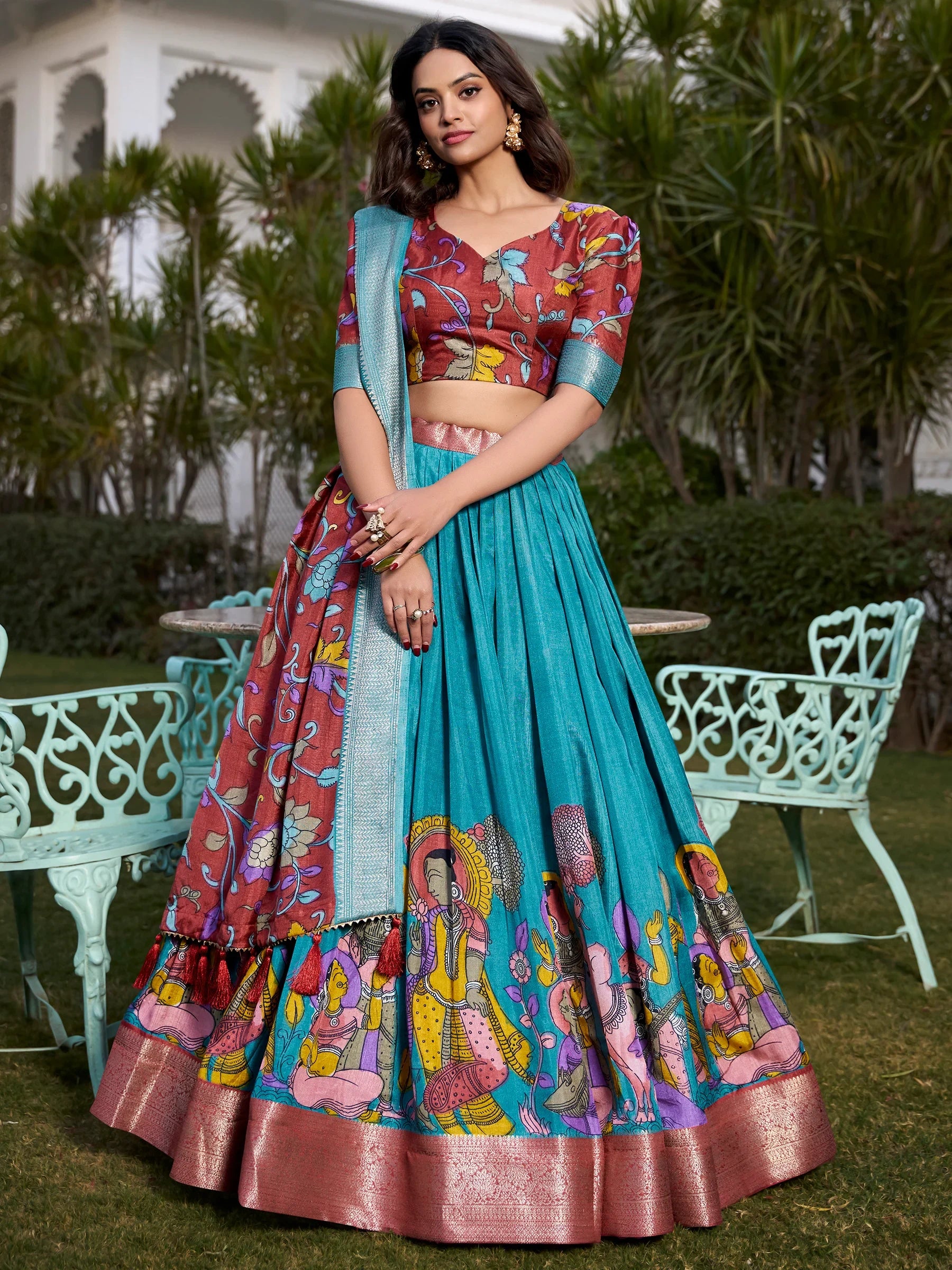 Beautiful Firozi Blue Kalamkari Printed Dola Silk Traditional Lehenga Choli - Zeel Clothing